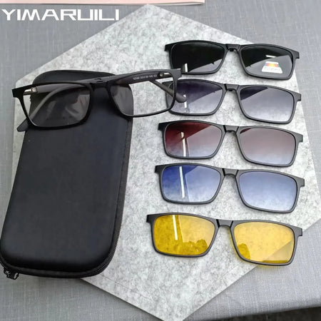 Yimaruili óculos polarizados magnéticos da moda 1 + 5, óculos quadrados para dirigir, visão noturna, óculos de prescrição óptica para homens e mulheres 12149